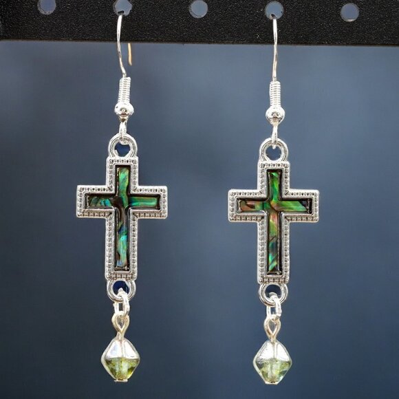 Abalone Cross Drop Earrings Silver Green | Handmade - Picture 4 of 6